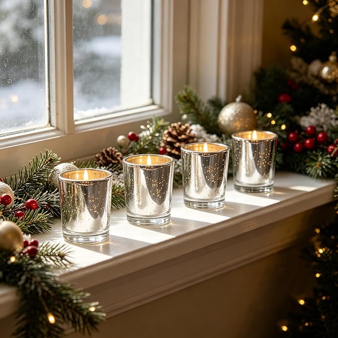 Hosley Set of 8 Metallic Mercury Glass Votive Tealight Candle Holders – Choice of Colors, Perfect for Parties, Weddings, Events, Aromatherapy, and Daily Use (Silver)