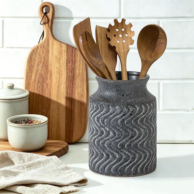 Farmhouse Ceramic Farmhouse Kitchen Utensil Holder for Countertop, Rustic Cooking Utensil Holder Crock Fit for Kitchen Counter