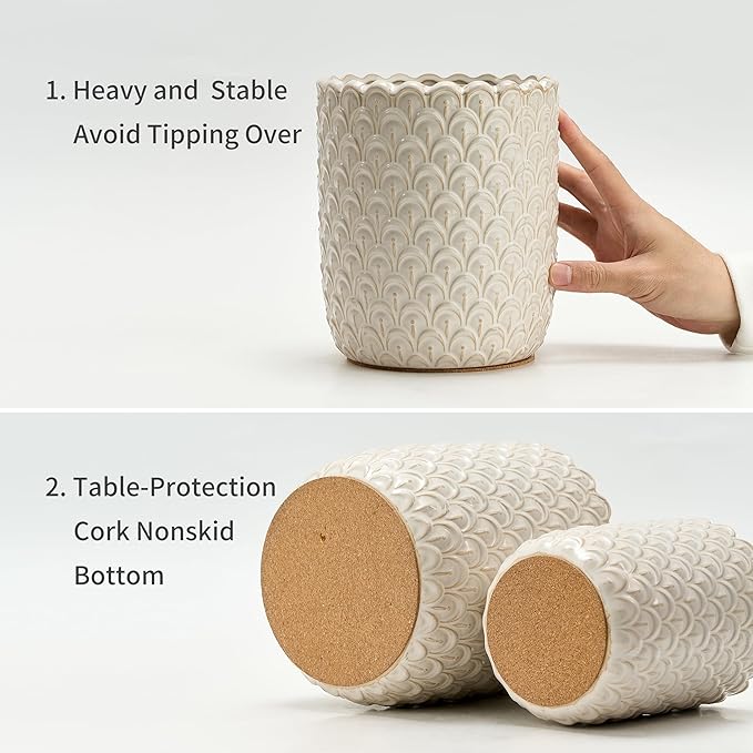 JIEMEI HOME Kitchen Utensil Holder, Large 7.5"+6.2" Petal Ceramic Utensil Crock for Countertop, Utensil Holder with Cork Mat, Morden Utensil Organizer for Spatula, Kitchen Decor, Set of 2, Aged Ivory