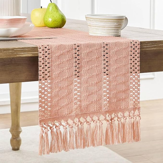 Niviy Boho Valentines Table Runner for Pink Tassel Home Decor 108 Inches Long, Rustic Macrame Cotton Linen Woven Coffee Table Runners for Wedding Party Baby Shower Dining Table Decoration, Pink