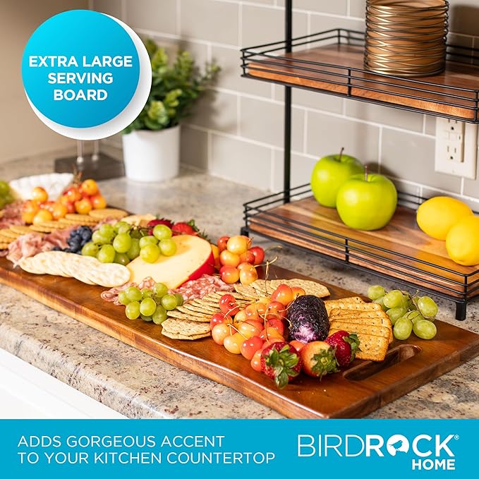 BIRDROCK HOME 36" Acacia Wooden Cheese Serving Board with Handles - Extra Long - Party Charcuterie for Appetizers Food Kitchen Platter - Bread Meat Fruit Display - Natural Wood - Espresso