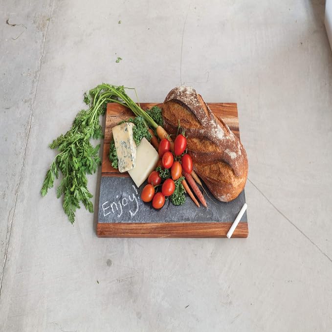 Twine Rustic Farmhouse Wood with Slate Cheese Board and Chalk Set, Acacia Wood and Natural Slate Cutting Board, Soapstone Chalk, 15" by 11", Gourmet Gift Set