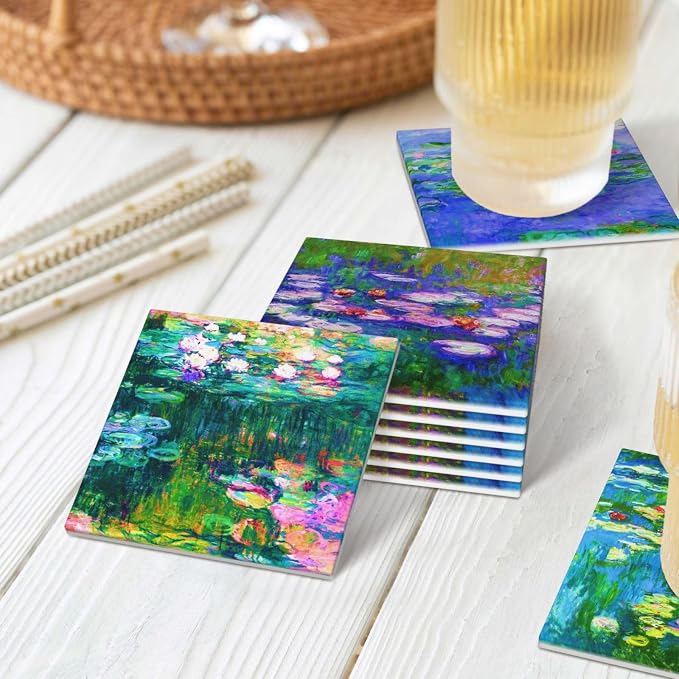 Drinks Absorbent Coasters with Holder Set of 6, Coffee Table Decor, Ceramic Stone Coaster with Cork Base Tabletop Protection Mat for Mugs and Cups,Office,Kitchen (Monet Water Lilies 2)