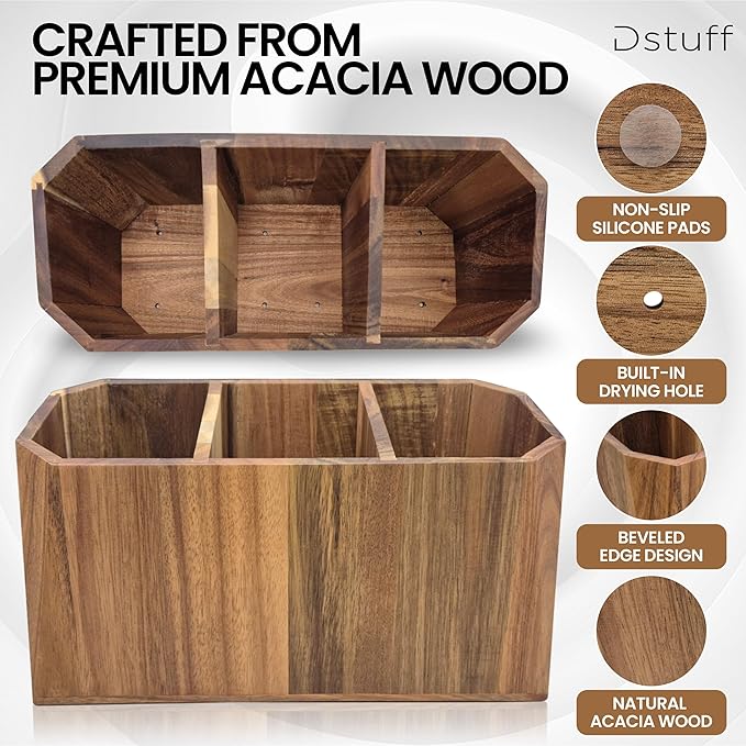Large Kitchen Utensil Holder for Countertop – Acacia Wood Utensil Organizer with 3 Compartments, Beveled Edges Design, Non-Slip Silicone Pads & Drain Hole – Rustic Farmhouse Utensil Caddy Crock