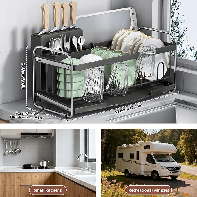 Compact Small Dish Drying Racks for Kitchen Counter - Narrow Metal Dish Drainer Rack with Utensil Holder, Space-Saving Plate Organizer for Sink Storage, Apartment & RV (Grey)