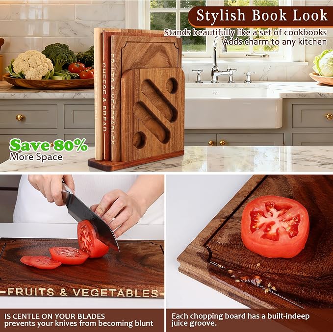 3-Piece Wooden Cutting Boards Set Like Books Wood & Brown | Acacia, Sapele & Peruvian Walnut Book Shaped Cutting Board with Stand Decorative & Functional Cutting Boards for Kitchen