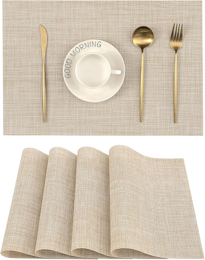 Leetaltree Beige Placemats Set of 4 - Heat-Resistant, Non-Slip Table Mats, Washable Woven Vinyl for Indoor & Outdoor Dining