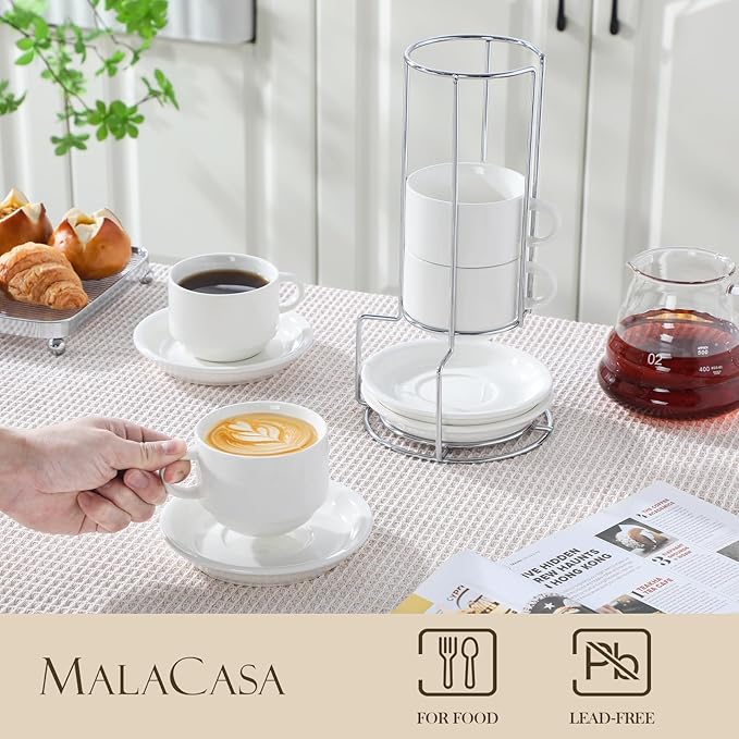 MALACASA 8 OZ Porcelain Espresso Cups with Saucers and Metal Stand Set of 4, Stackable Cappuccino Cups, White Expresso Shots Cup Set for Coffee Drinks, Latte, Tea