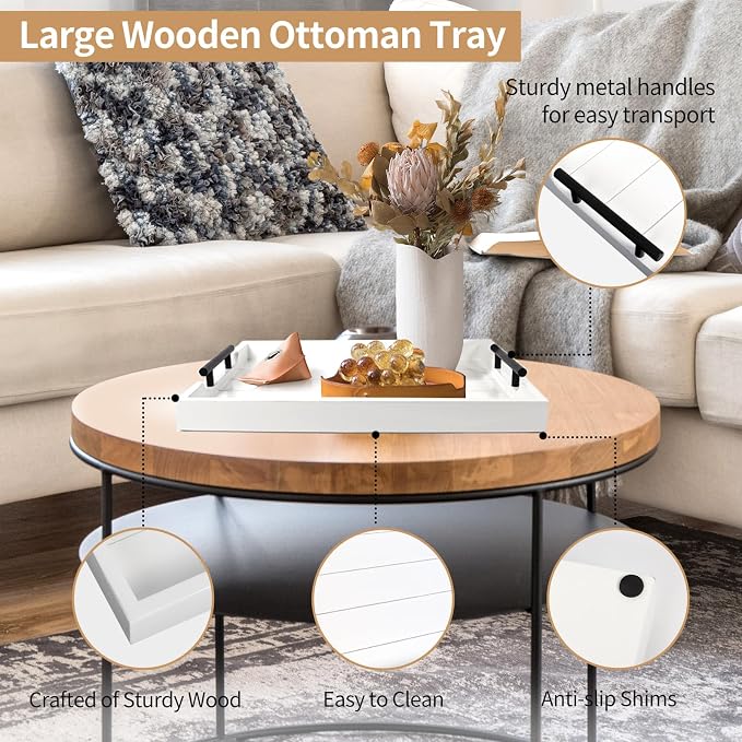 SXNOWS Coffee Table Tray - Large Ottoman Tray for Living Room - Wood Serving Tray with 2 Sets of Handles - Wooden Tray for Coffee Table, 4 Round Coasters Included, White