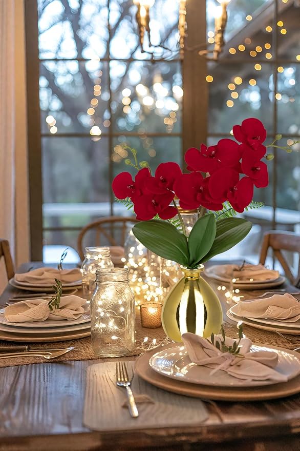 Oairse Red Orchids Artificial Flowers, Faux Orchid in Glass Vase Real Touch Small Phalaenopsis Orchid Flowers Arrangements with Gold Vase Orchids Centerpiece for Dining Room Table
