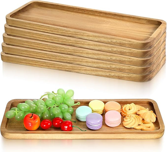 6 Pack Acacia Wood Serving Platters and Trays, 14" x 5.12" Rustic Serving Tray Rectangular Charcuterie Board Cheese Plate Rectangle Wooden Tray for Home Decor Kitchen Counter Party