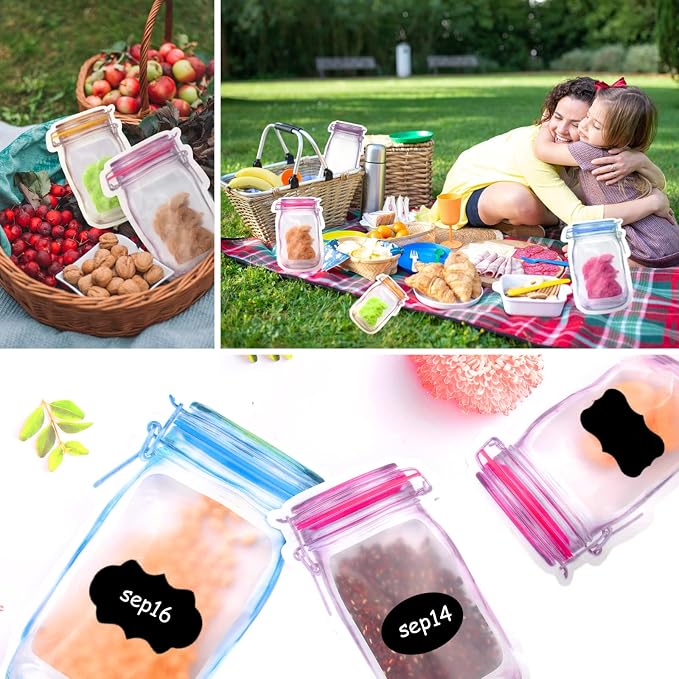 81 Pcs Reusable Mason Jar Food Storage Plastic Bags - Multi-Size Fresh Leak Proof Sandwich Snack Zipper Bags With Chalkboard Label Sticker and Silicone Funnel for Kitchen, Camping, Travel, Office