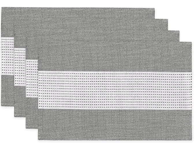 Wracra Linen Placemats Set of 4, Black Macrame Place Mats for Kitchen Table | Stripe Placemats 12 x 18 Inch; Heat Resistant Table Mats; Premium Cotton Linen Woven Fabric; Delicate Splicing Designs