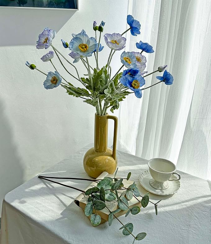 Blue Poppy Artificial Flowers and Eucalyptus Stems mixed, Fake Silk Flowers with Stems for Vase, Faux Floral Arrangements for Wedding Party Farmhouse Home Office Table Centerpieces Decoration