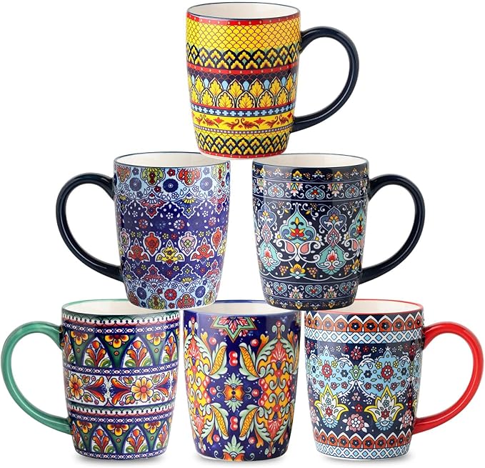 glowworm Coffee Mugs Set of 6, 16 oz Ceramic Coffee Mug with Handle, Large Coffee Cups for Latte, Cappuccino, Milk, Colorful Cup for Mom, Dishwasher & Microwave Safe, Bohemian