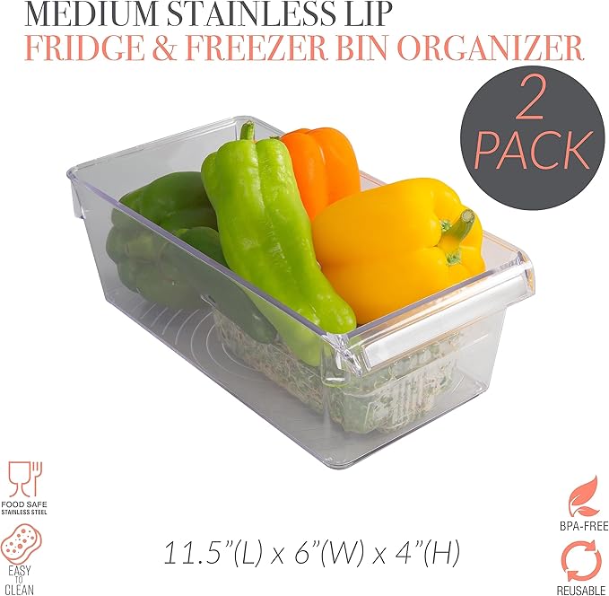 Kitchen Details 2 Pack Medium Refrigerator Storage Bin | Fridge & Freezer | Kitchen Organization | Stainless Steel Handle | Countertop | Cabinets | Pantry | Clear