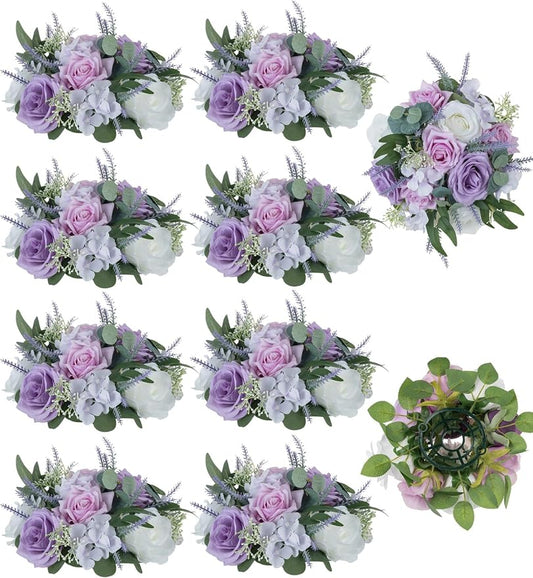BLOSMON Purple Flowers Artificial for Decoration: 10 Pieces 9.5 Inch Fake Flower Ball Centerpieces for Wedding Tables - Lilac White Rose Lavender Fake Silk Kissing Floral Arrangements