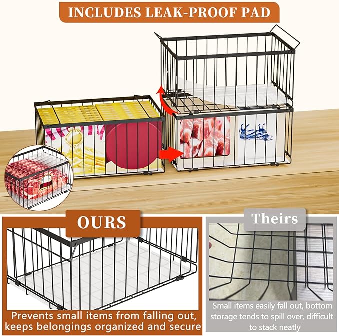 Large Freezer Organizer Bins, Upgrade One-Touch Open/Close, for 5-9 Cu.Ft Deep Freezer, 3 Pack Stackable Deep Freezer Organizer Bins, Black Wire Foldable Baskets (Black 3 Pack)