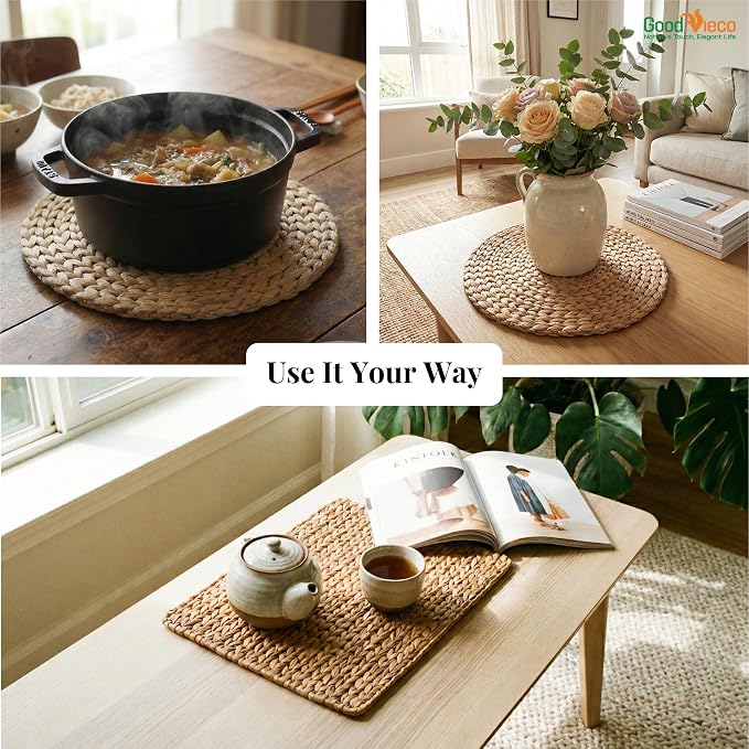 Woven Placemats Set, Handcrafted Water Hyacinth Round Rattan Place Mats for Dining Table, Natural Boho Wicker Farmhouse Table Decor, Indoor Outdoor Chargers (10, Round - 12in)