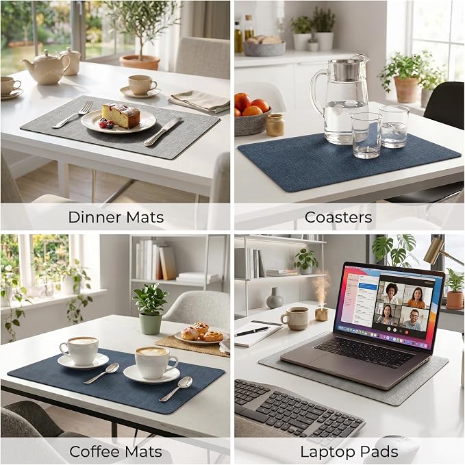Romanstile Vinyl Placemats Set of 6, Reversible Faux Leather Heat Resistant Wipeable Table Mats, Waterproof Washable Non-Slip Table Placemats for Dining/Kitchen/Outdoor (Grey Nave Blue, 12" x 17")