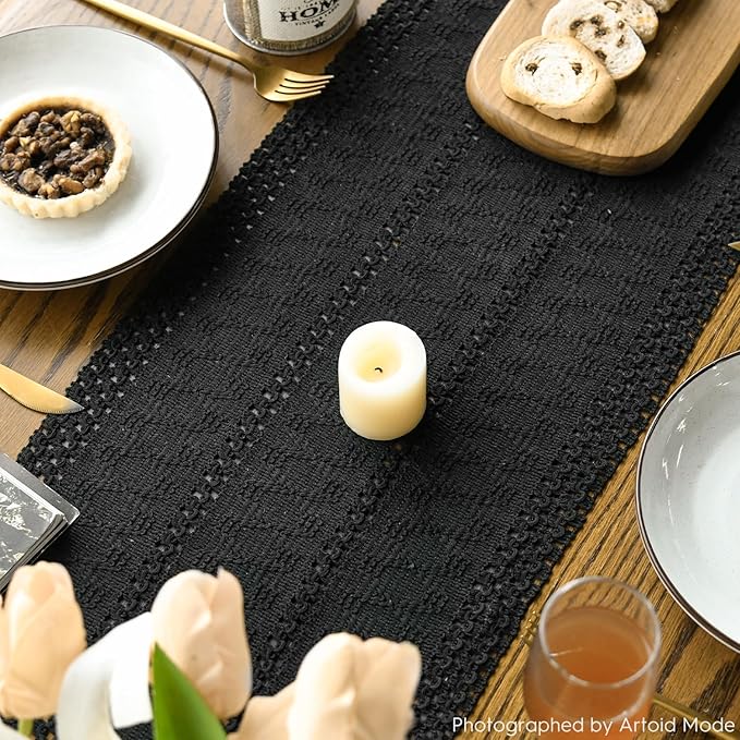 Artoid Mode Black Farmhouse Woven Rustic Hollow Table Runner, Seasonal Holiday Hollow Kitchen Dining Table Decoration for Home Party Decor 12x60 Inch
