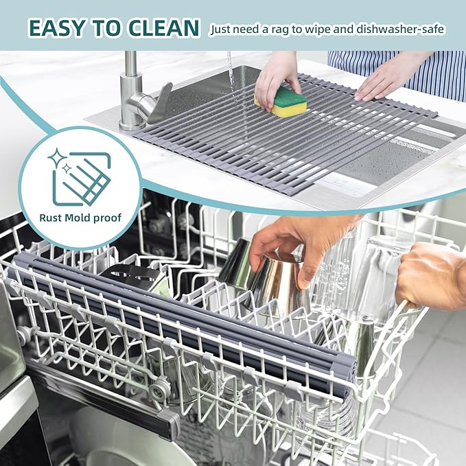 Ohuhu Sink Drying Rack, 20.5" W x 16.1" L Over The Sink Roll-Up Dish Drainer - Rolling Foldable Accessories Heat-Resistant Mat Anti-Slip Silicone Coated Multipurpose for Kitchen Counter