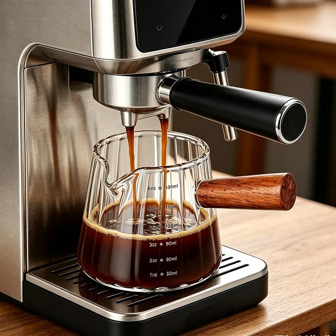 6 oz Espresso Cups - Glass Measuring Cups with Spout - Ribbed Small Creamer Pitcher- Expresso Shots Cup with Wood Handle for Coffee Milk, Dishwasher Safe (Transparent, 1 pack)