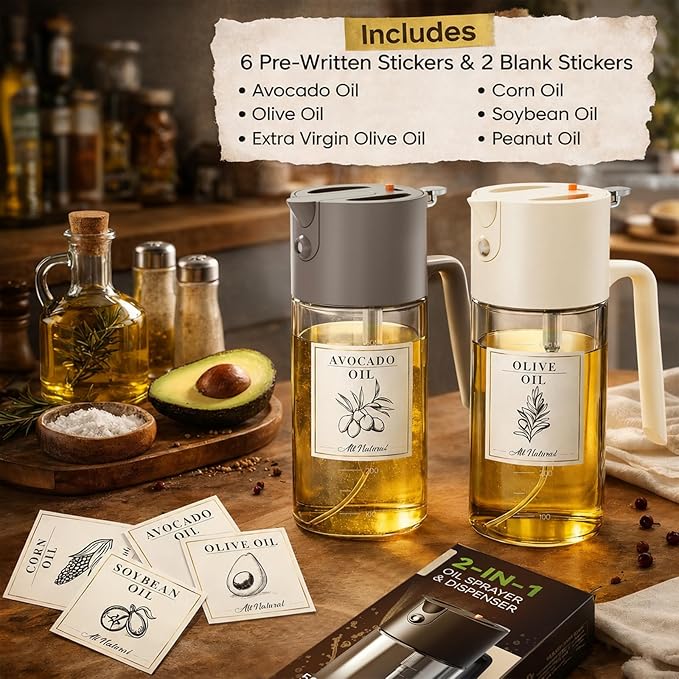 Costop Oil Sprayer for Cooking, 2025 Large Advanced Olive Oil Dispenser Bottle,500ml/17oz Glass Olive Oil Sprayer,2 in 1 Even Spray with Portion Control for Kitchen, Air Fryer, Salad, BBQ - White