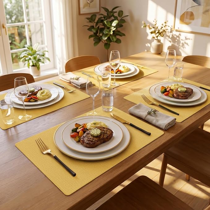 Romanstile Vinyl Placemats Set of 6-12 X 17 Inch - Faux Leather 100% Waterproof Wipeable Anti Slip Place Mats, Heat Resistant Reversible PU Table Mats for Kitchen Dining Party Outdoor, Yellow