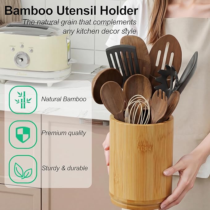 ZUJJAFY Bamboo Utensil Holder, 360° Rotating Kitchen Utensil Holder for Counter, 7.2" Large Cooking Utensil Crock for Countertop, Utensils Organizer for Cooking Spatula Storage