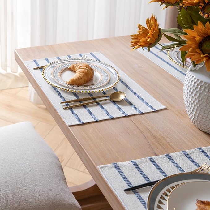 Caflife Boho Farmhouse Placemats Set of 4, Blue Stripes Cotton Linen Woven Table Mats for Modern Dining Table, 13x19 Inch Rustic Kitchen Decor Place Mats