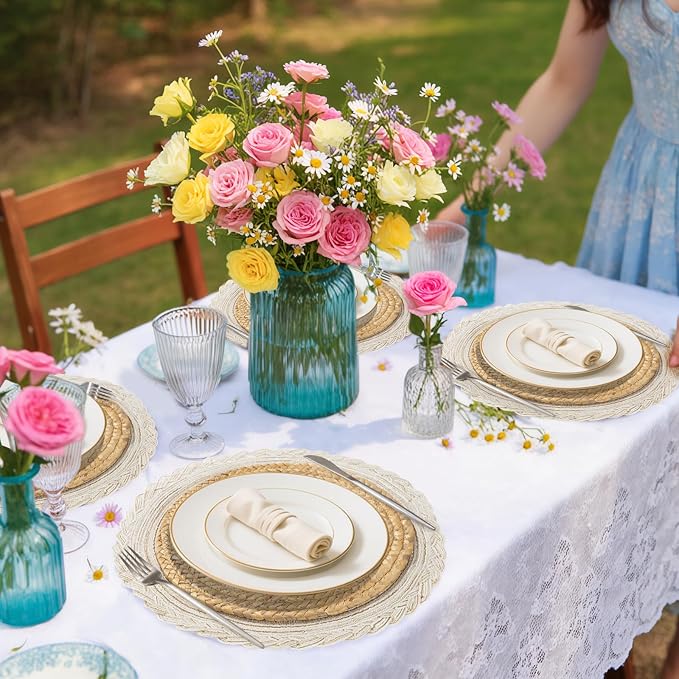 Handmade Round Boho Placemats Set of 4 | Natural Woven & Polyester Braided Combo Table Mats | 8-Piece Versatile Place Mats | Simple Rustic Farmhouse Style Dining Table Decor
