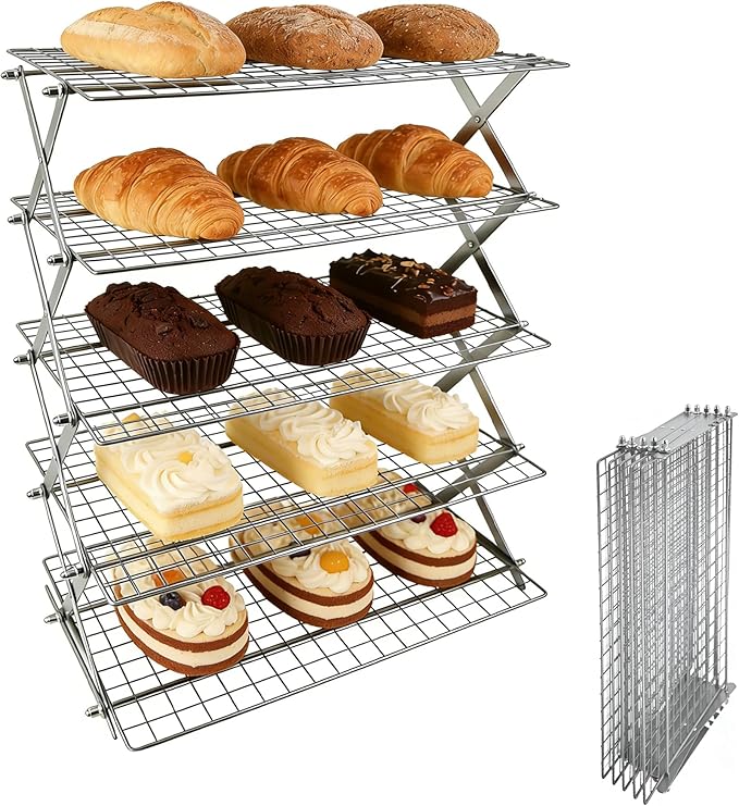 5 Tier Collapsible Cooling Rack with Adjustable 6 Setting Design stackable wire rack for baking sheet for Cookies Baking Gifts for Women