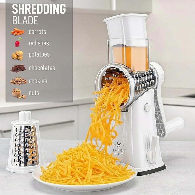 Zulay Kitchen Rotary Cheese Grater 5 Blade Cheese Shredder - Manual Hand Crank Cheese Grater With Reinforced Suction & 5 Interchangeable Drums - Easy to Use, Vegetable Chopper Round Mandoline Slicer