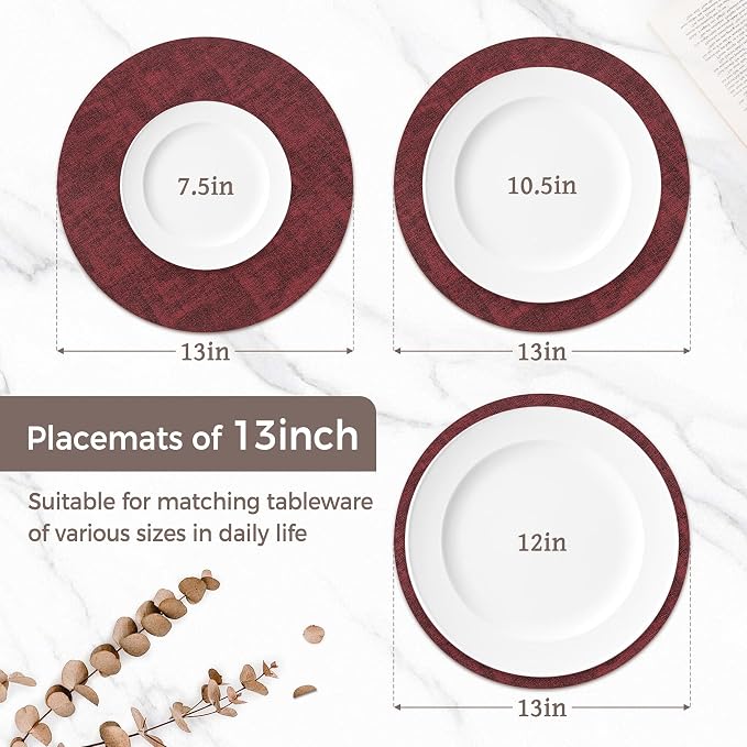 13" Round Placemats Set of 12, Reversible Faux Leather Heat Resistant Table Mats, 100% Waterproof Oilproof Wipeable Table Protective Placemats for Vinyl, Washable for Indoor (12, Burgundy)