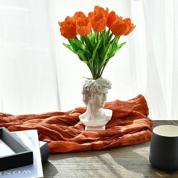 Mandy's Orange Partially Open Artificial Tulips Flowers Centerpiece, 13.5" Lifelike PU Fake Floral Stems 12pcs for Kitchen Island & Dining Table, Spring Decor for Easter