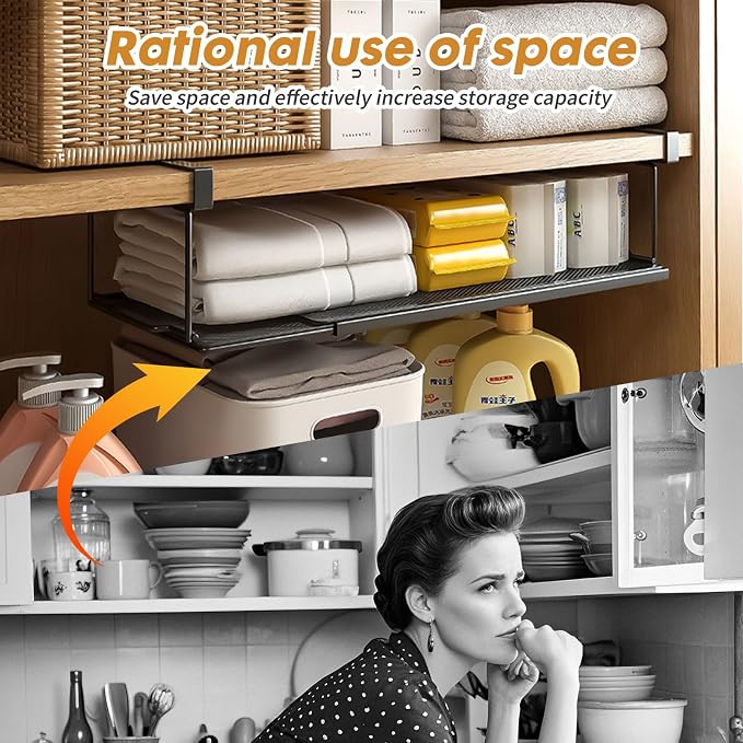 PowerKing Expandable Under Cabinet Shelf, Adjustable Length Under Shelf Storage with Thick Clips 10lbs Capacity for Kitchen, Laundry, Shoe, Under Office Desk & Wardrobe Partition (Black, 5.11''H)