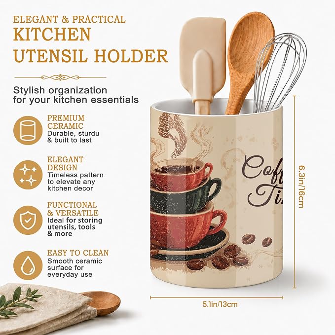 Kitchen Utensil Holder,Vintage Coffee Large Ceramic Utensil Crock for Countertop,Cooking Utensil Organizer for Spatulas,Spoons