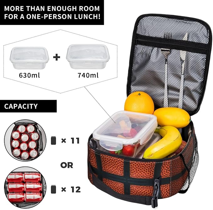 Basketball Ball Sport Appearance Insulated Lunch Bag Portable Reusable Zipper Lunch Box For Men Women Work Picnic Travel Camping