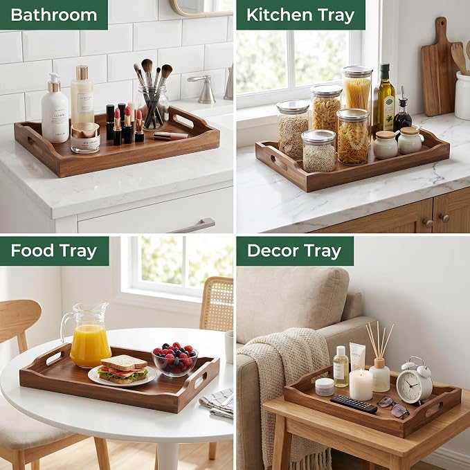 2 Pack Acacia Wood Serving Trays - Rectangular Food-Grade Wooden Trays for Kitchen, Dining, Party, Breakfast, Snack & Decor