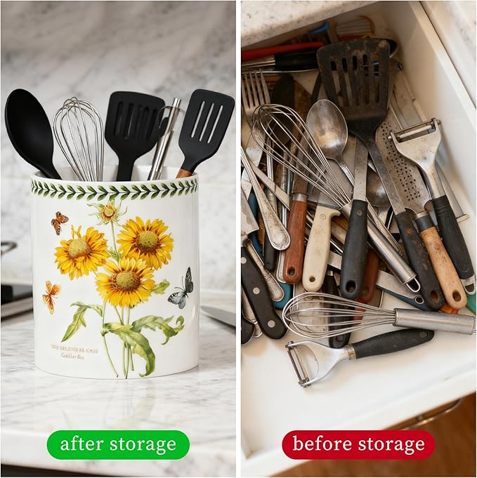 Floral Kitchen Utensil Holder, 7.1 Inch Large Ceramic Crock, Sunflower Pattern, White Kitchen Counter Organizer (iris)