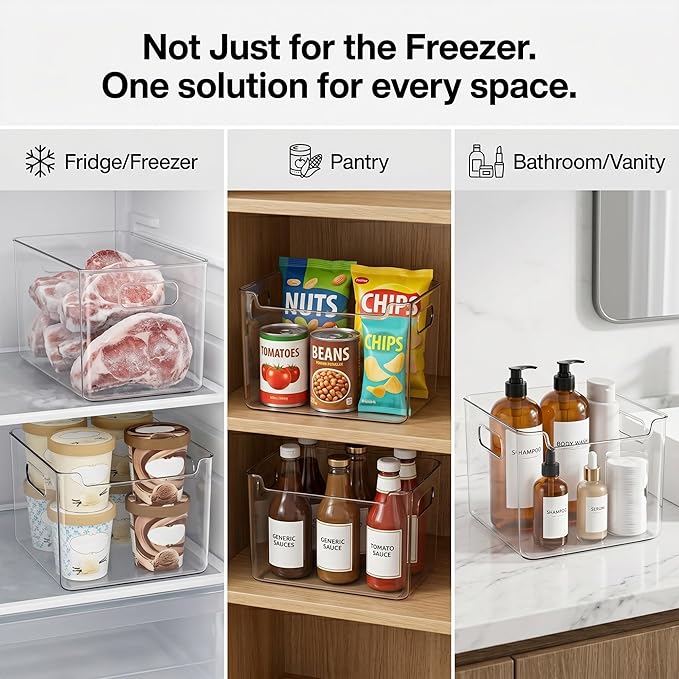 Thickened Crystal Clear Freezer Storage Bins, Multipurpose Freezers Handles Storages Bins, Stackable Deep Crystal Freezer Storage Cold Easy To Clean For Every Room(2S Clear+2S Green)