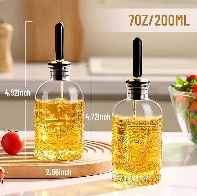 Baalaka Olive Oil Dispenser Bottle for Kitchen with Metal Spout, Glass Oil Bottles 7OZ, Elegant Glass Cooking Dispenser for Kitchen Juice Mouthwash Honey Syrup Coffee Syrup-2pcs