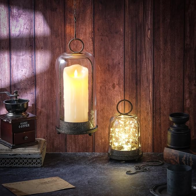 6" & 4" Wide Versatile Modern Metal Hurricane Lantern with Handmade Sturdy Glass Dome in Rustic Brown for Pillar Candle & Plants, Industrial, Farmhouse, Shabby Chic (Brown, 4"x7.5" &6.3"x11.2")