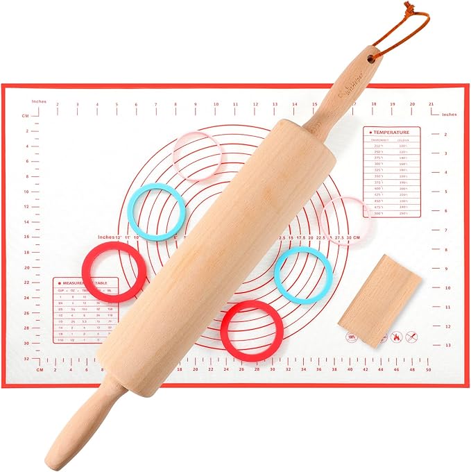WitHlper Beechwood Rolling Pin Set with 6 Thickness Rings, Non-Slip Silicone Mat,Wood Stand – 17" Dough Roller for Baking, Pizza, Tortilla, Pastry – Wooden Rolling Pin Kit for Even Thickness