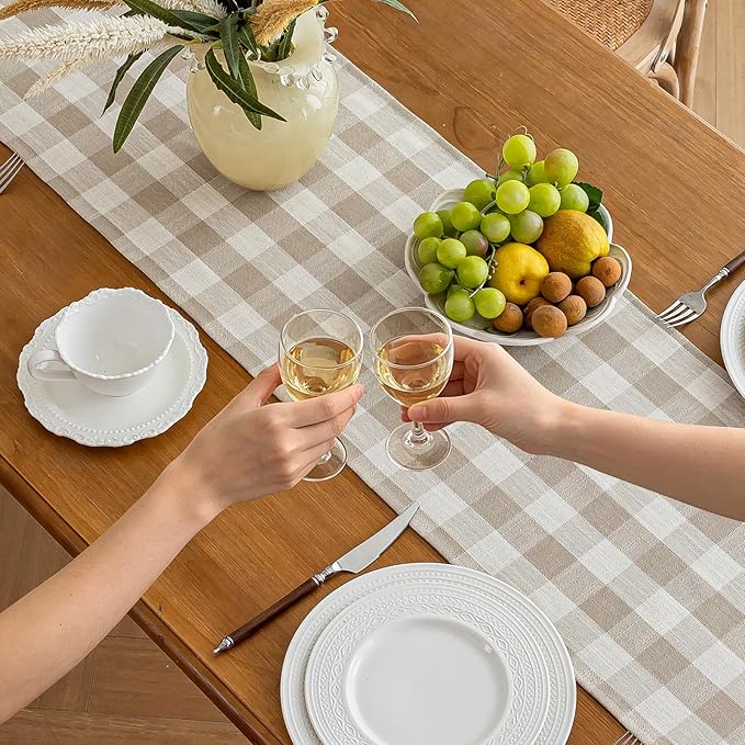 Alsoo Beige Gingham Table Runner 13 x 108 inches Long, Cotton Linen Farmhouse Checkered Kitchen Dining Table Decor for Home Party, Wrinkle Free
