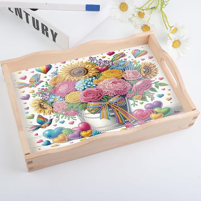 DIY Diamond Serving Tray Rectangular Breakfast Tray with Handle Handmade Diamond Art Painting Wooden Tray for Dinner Plate Coffee Room Living Home Organizer-Bouquet