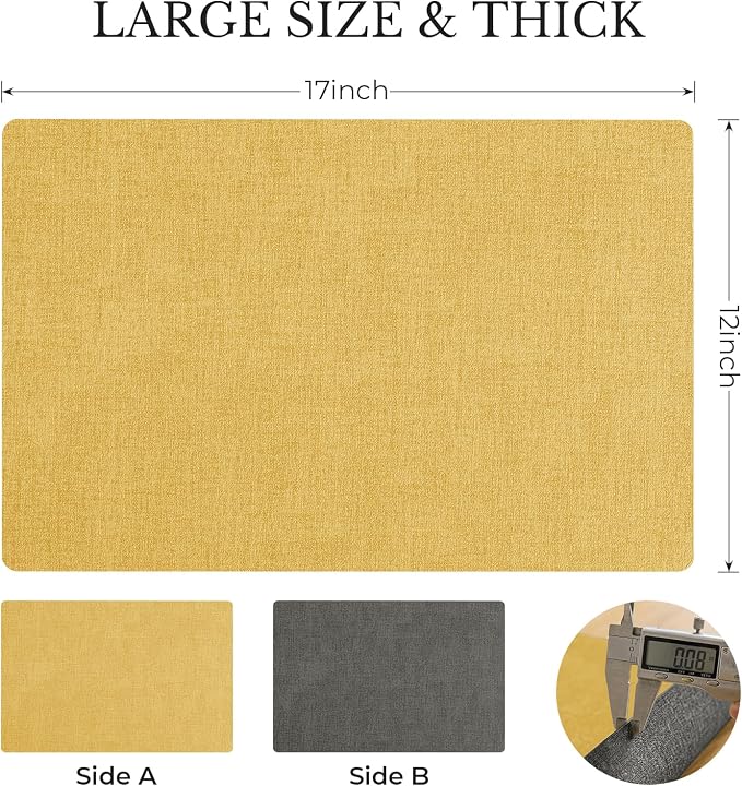 Romanstile Vinyl Placemats Set of 8, Reversible Faux Leather Heat Resistant Wipeable Table Mats, Waterproof Washable Non-Slip Table Placemats for Dining/Kitchen/Party/Outdoor (Grey Yellow, 12" x 17")