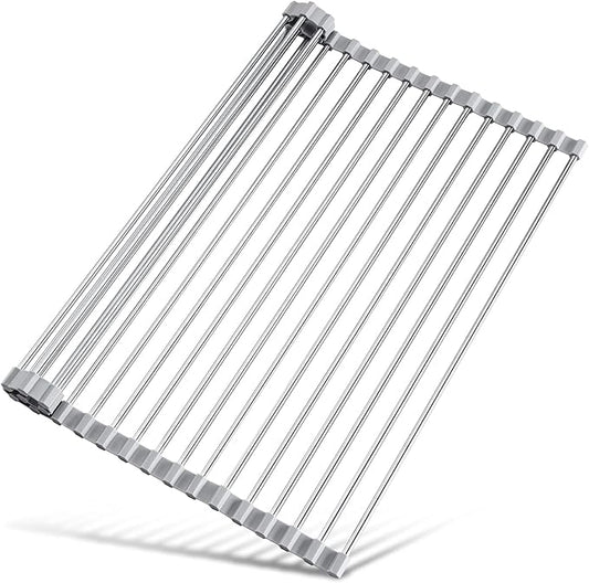 Tomorotec 17.7" x 15.5" Roll Up Dish Drying Rack Over Sink Drying Rack Sink Cover Kitchen Sink Accessories Gadget Multipurpose Organizer Foldable Stainless Steel Drainer (Grey)