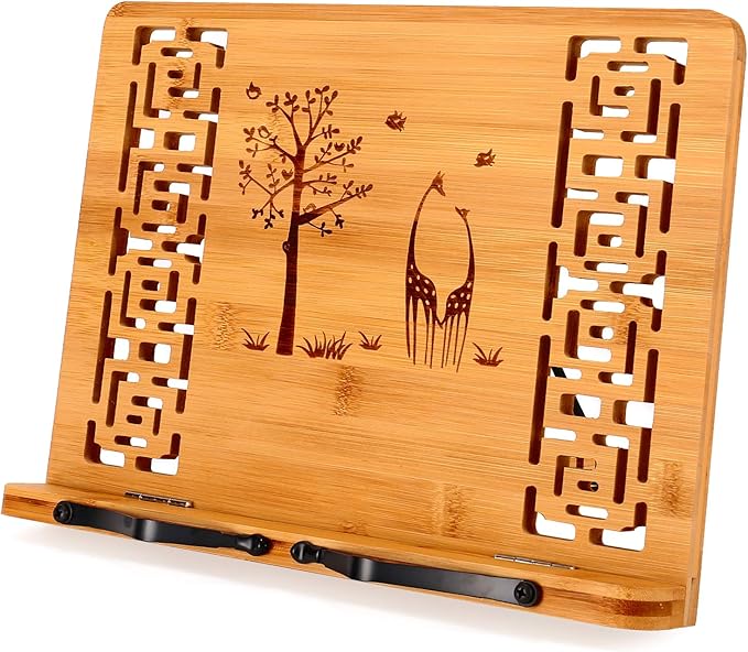 MEGREZ Book Stand for Reading (13.2 x 9.4 inch) Bamboo Cookbook Stand Holder for Kitchen, Adjustable Book Holder Stand for Tablet/Textbook Holder/Hollow Bookrest Stand, Giraffe and Tree